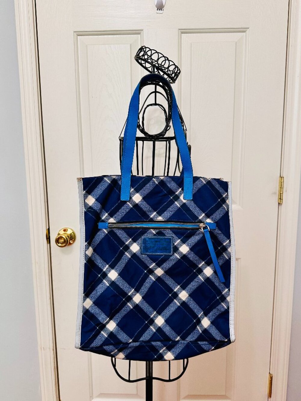 MARC BY MARC JACOBS CHECKERED NYLON WITH LEATHER STRAPS SHOPPER TOTE BAG